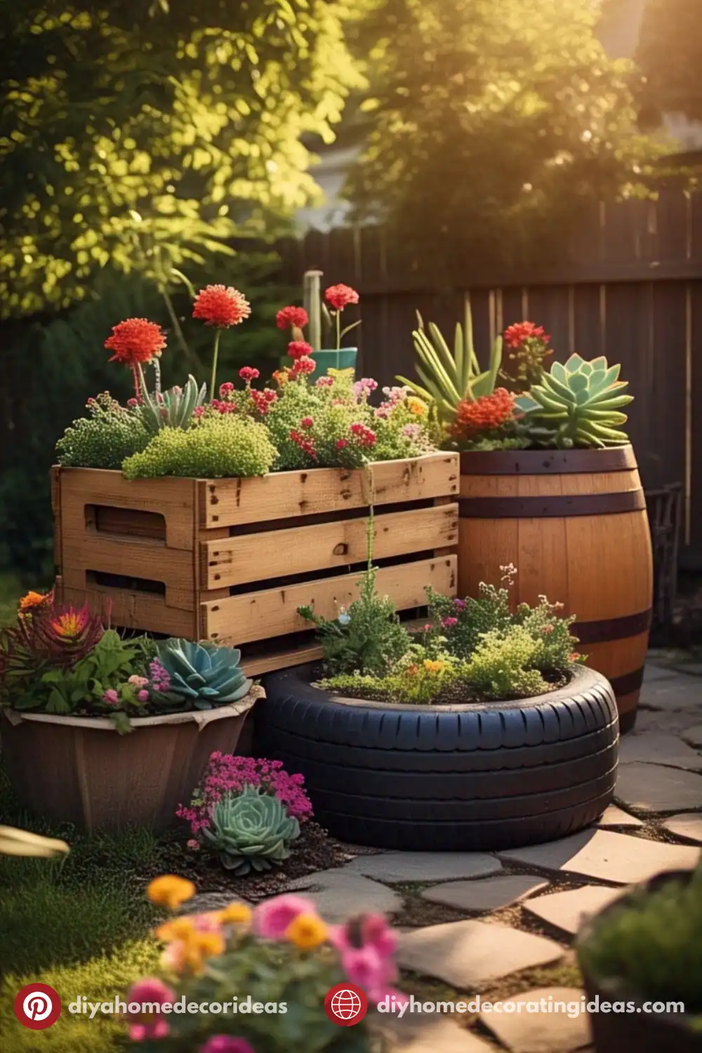 Colorful DIY garden with upcycled planters