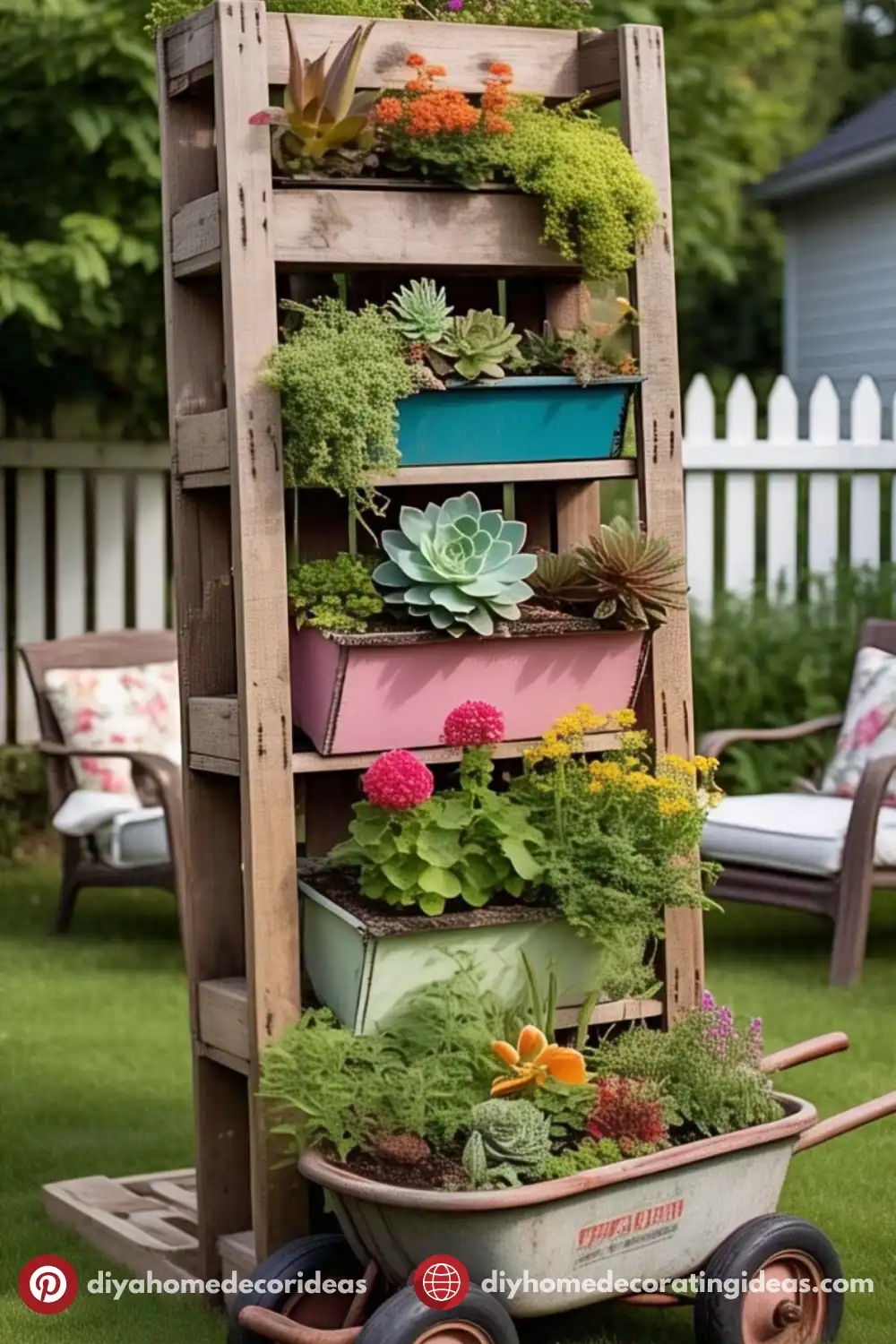 Vertical garden on rustic wooden stand, outdoor setting.