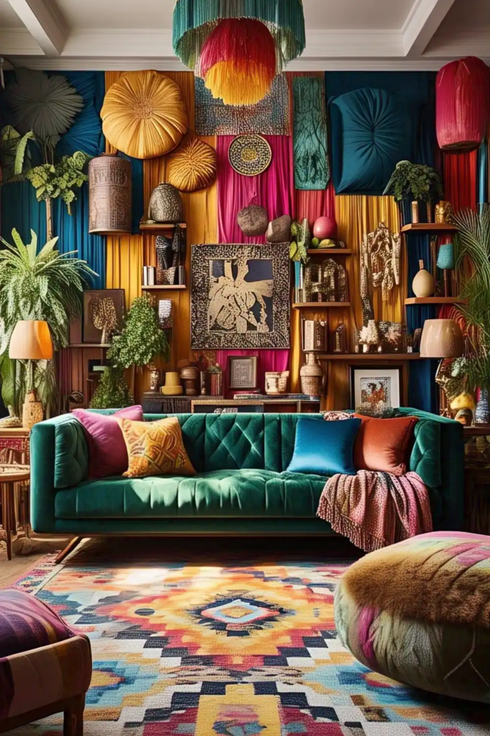 Bohemian living room with colorful decor and velvet sofa.