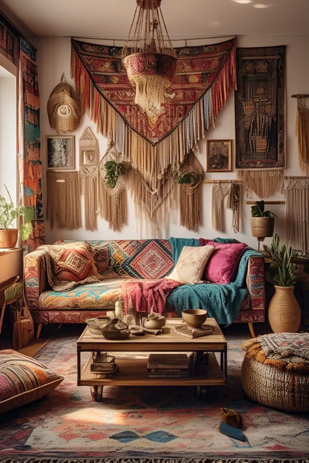 Cozy bohemian living room with colorful decor.