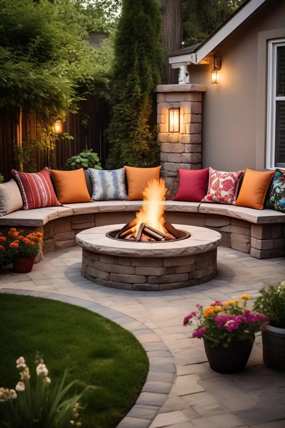 Cozy backyard with fire pit and seating area.