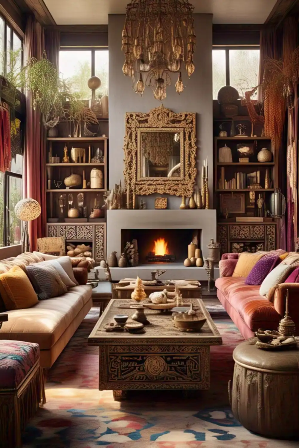 Cozy living room with fireplace and eclectic decor.