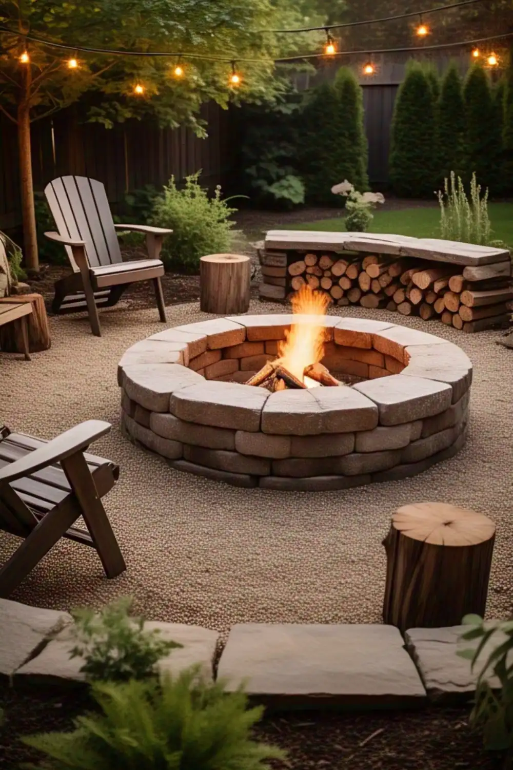 Cozy backyard fire pit with Adirondack chairs.