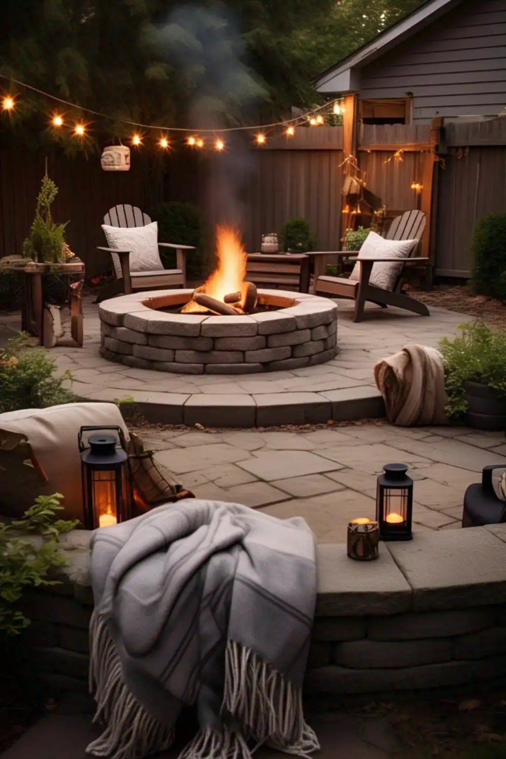 Cozy backyard fire pit with chairs and blankets