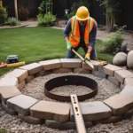 Worker building stone fire pit in backyard
