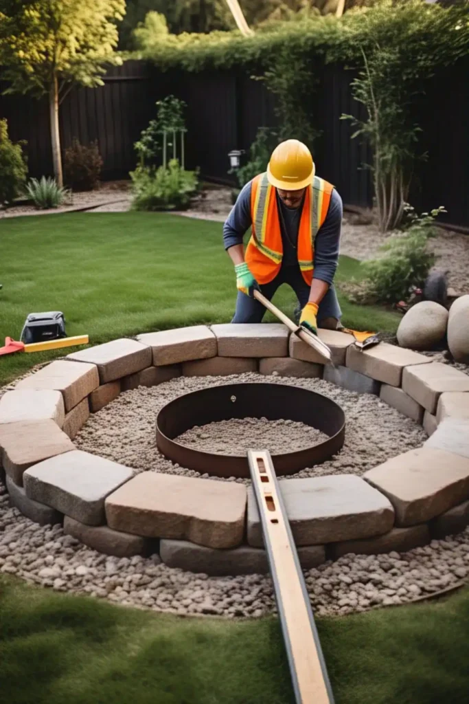 Worker building stone fire pit in backyard