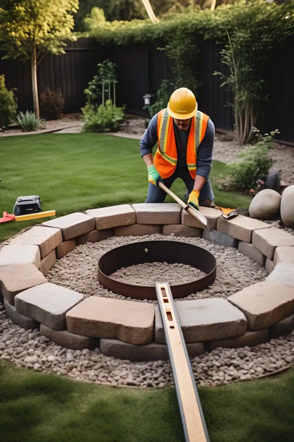 Worker building stone fire pit in backyard
