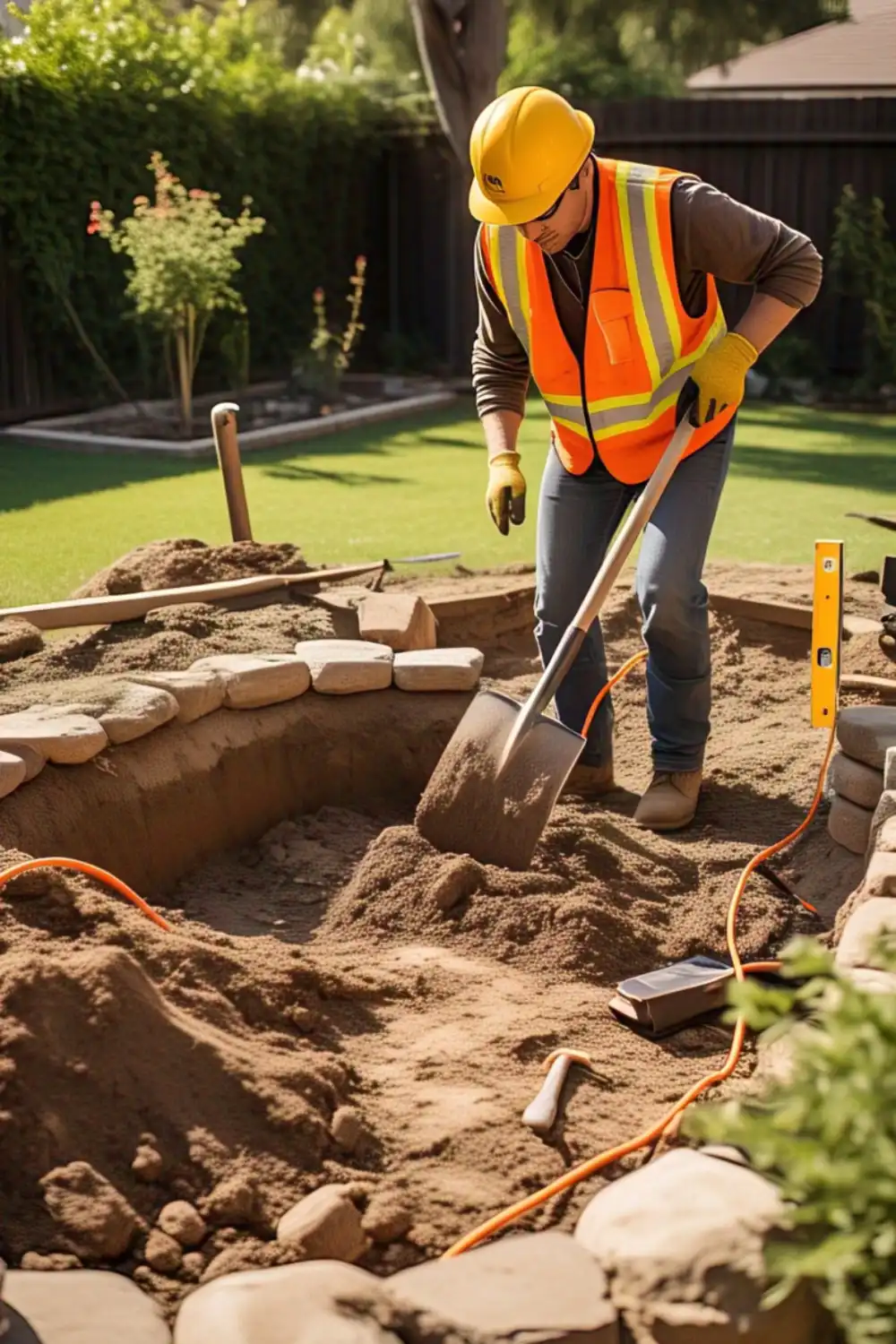 Worker digging a garden pit with shovel.