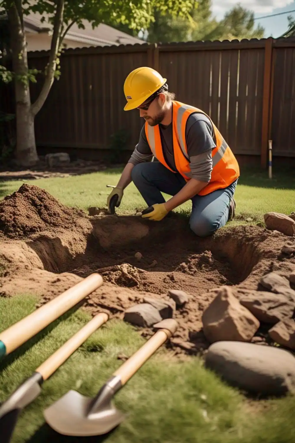 Construction worker digging a garden hole.