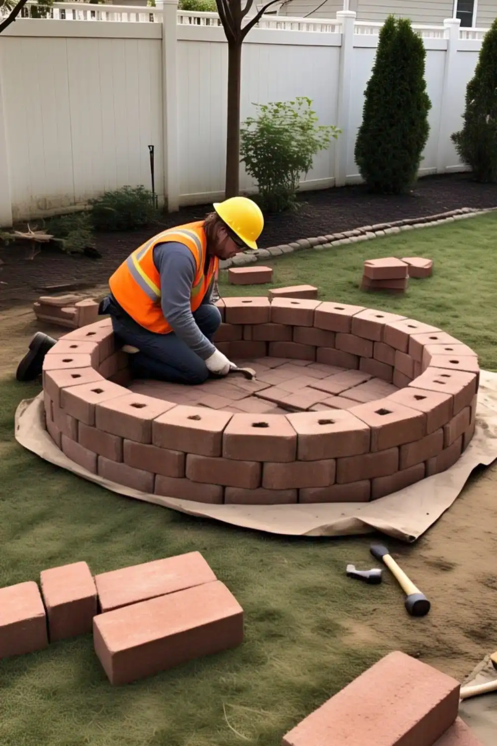 Worker building circular brick fire pit outdoors.