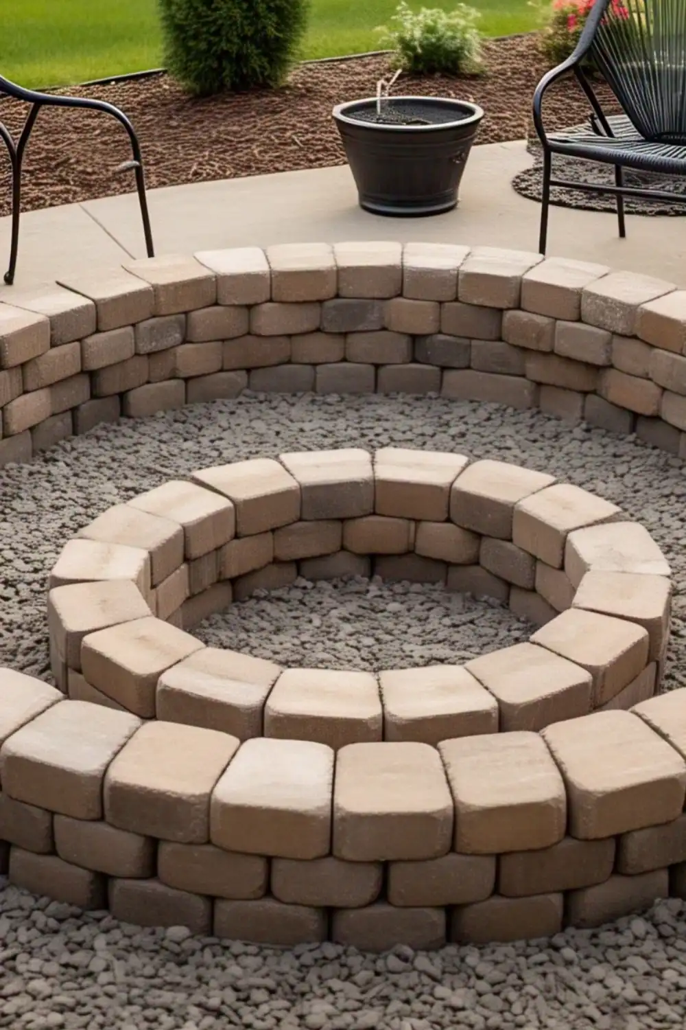 Circular stone fire pit surrounded by seating area.
