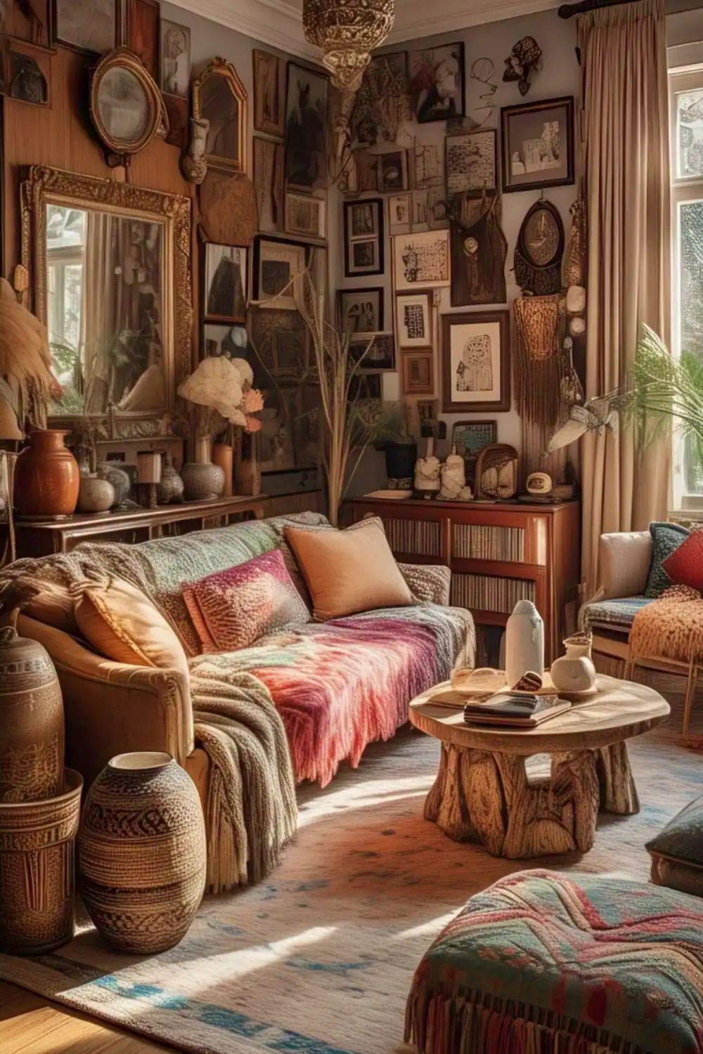 Eclectic living room with vintage decor and warm lighting.