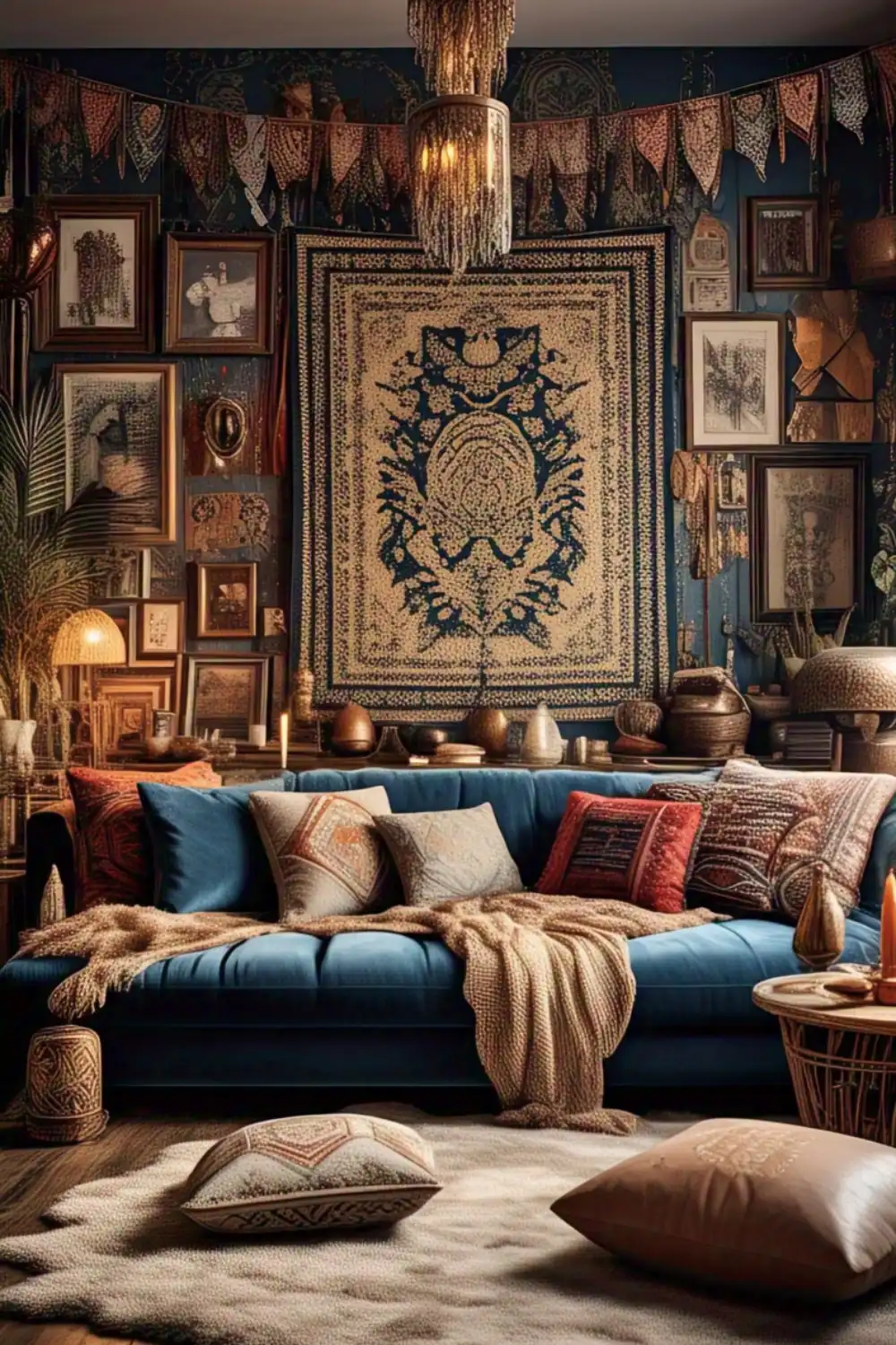 Cozy living room with blue couch and eclectic decor.