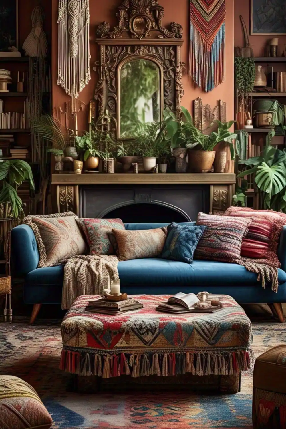 Cozy living room with blue sofa, plants, and decor.