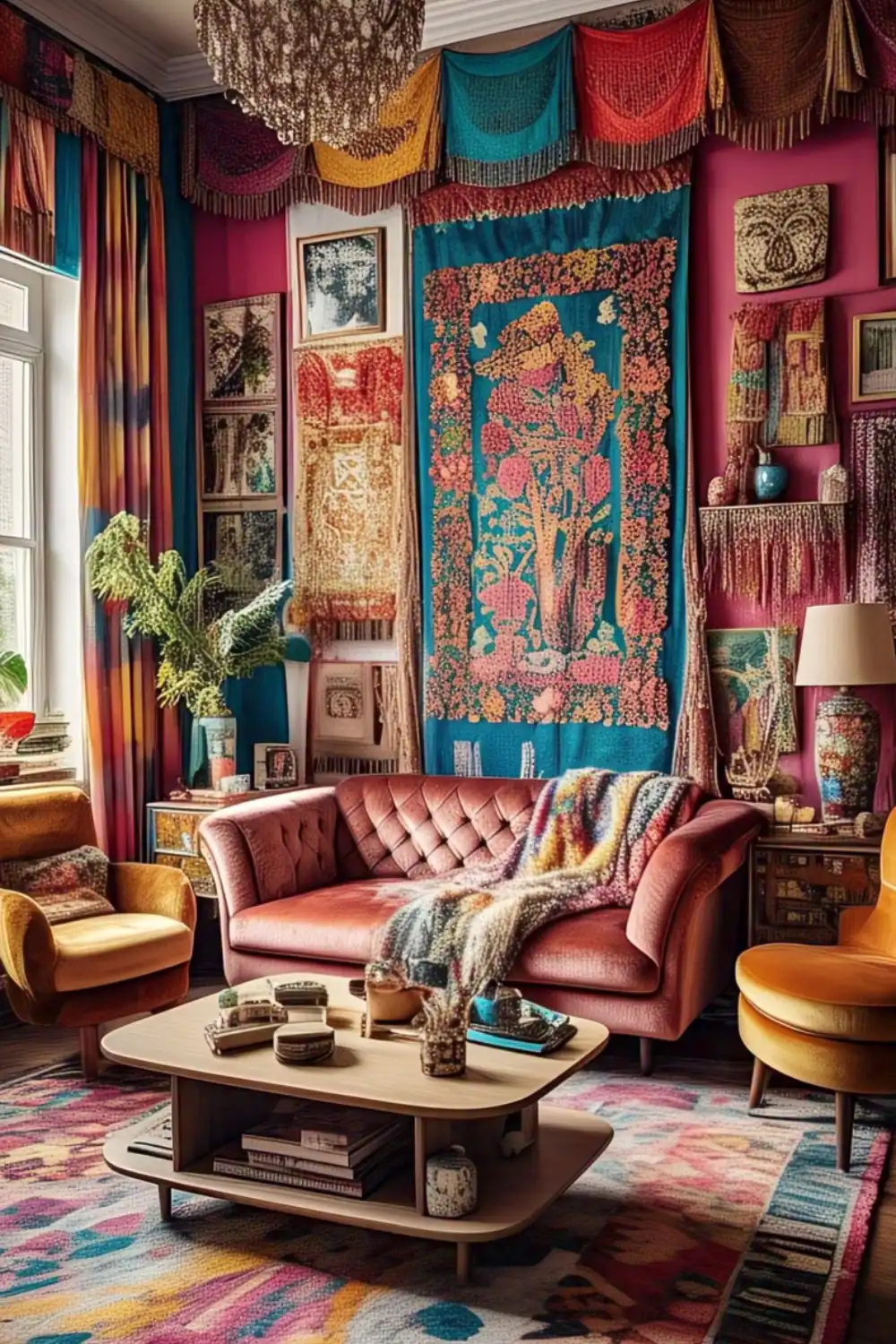 Colorful bohemian living room with vibrant decor.