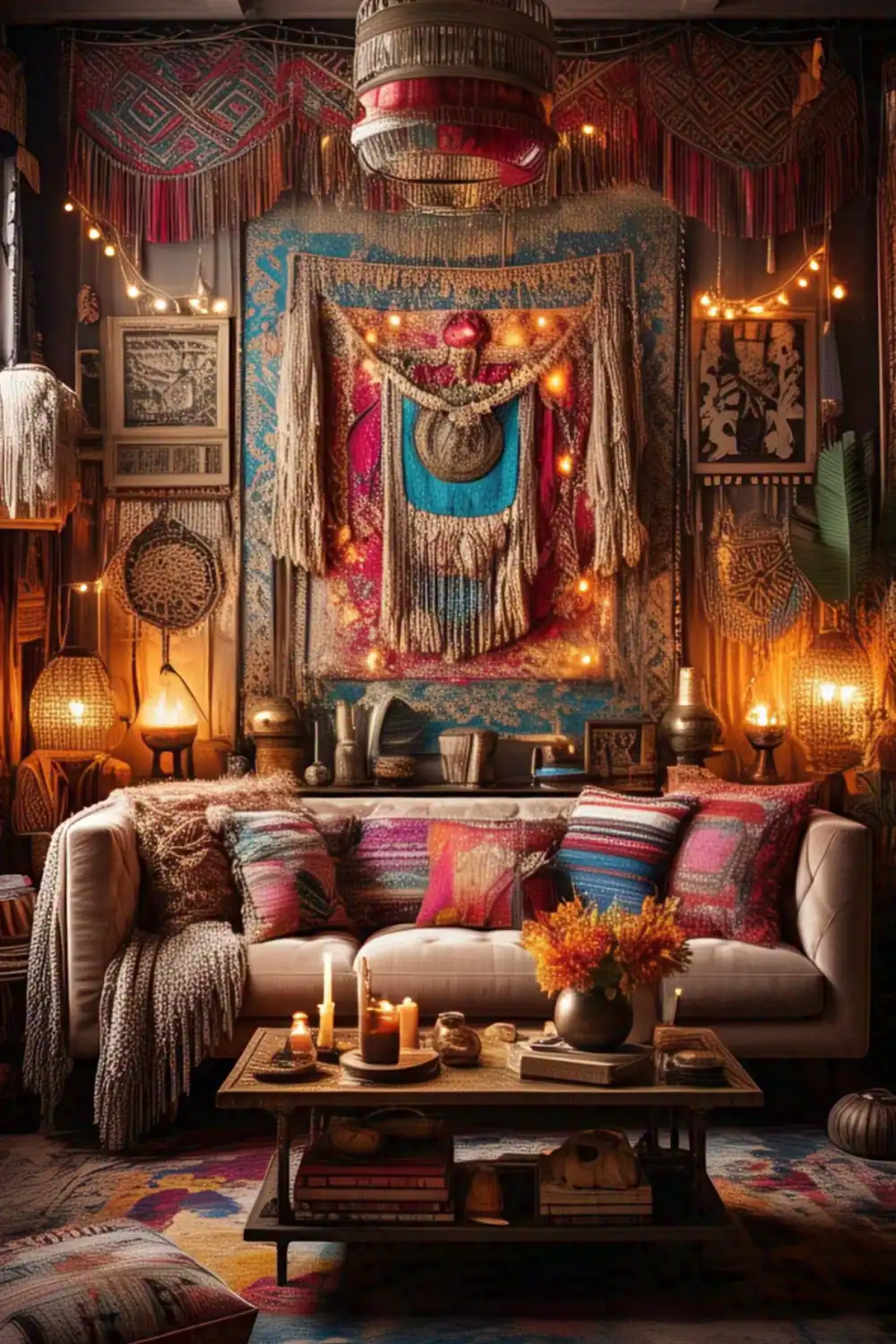 Cozy bohemian living room with vibrant decor and candles.