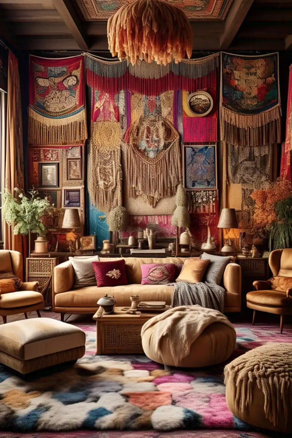Cozy bohemian living room with vibrant tapestry decor.