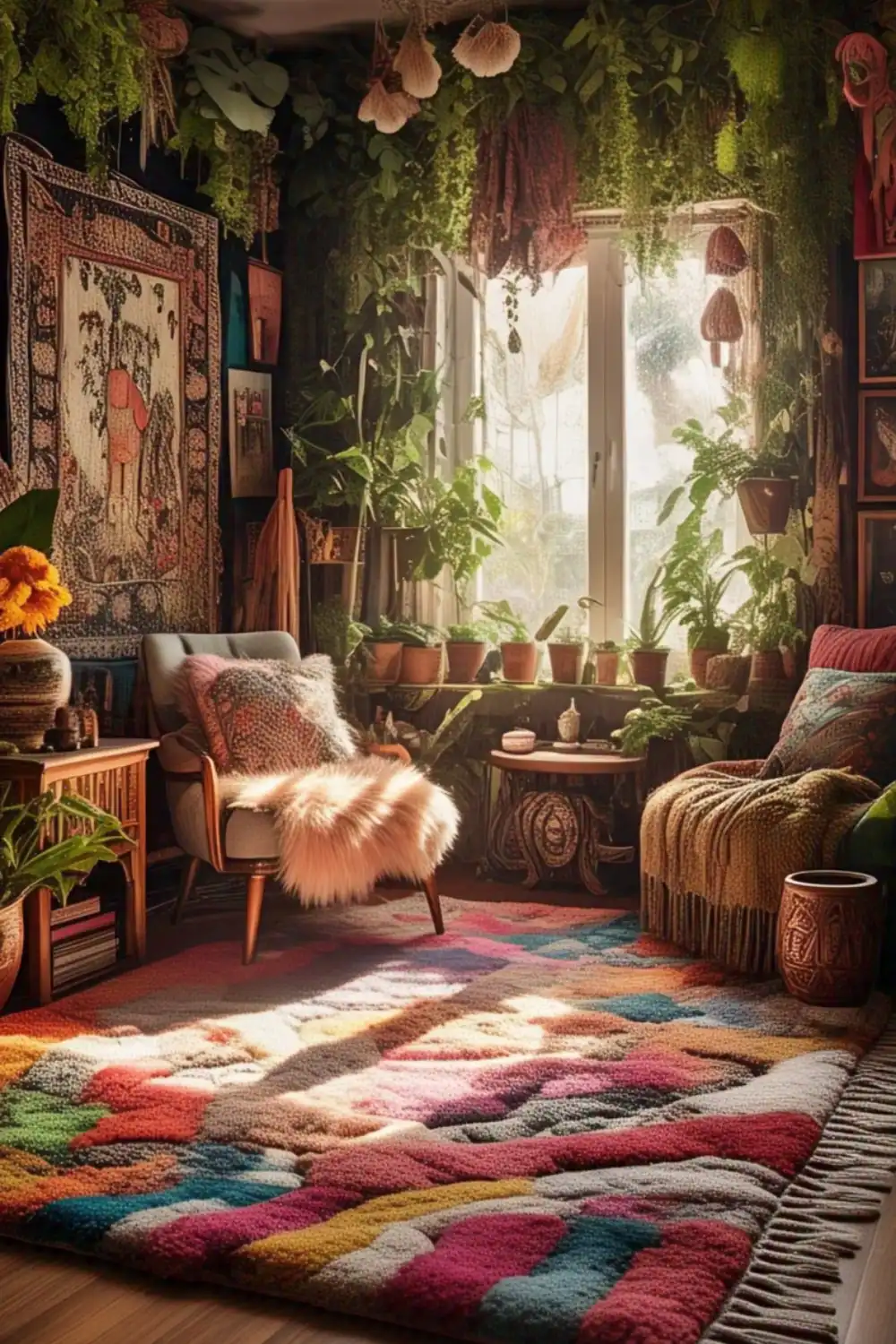 Cozy room with colorful rug and plants