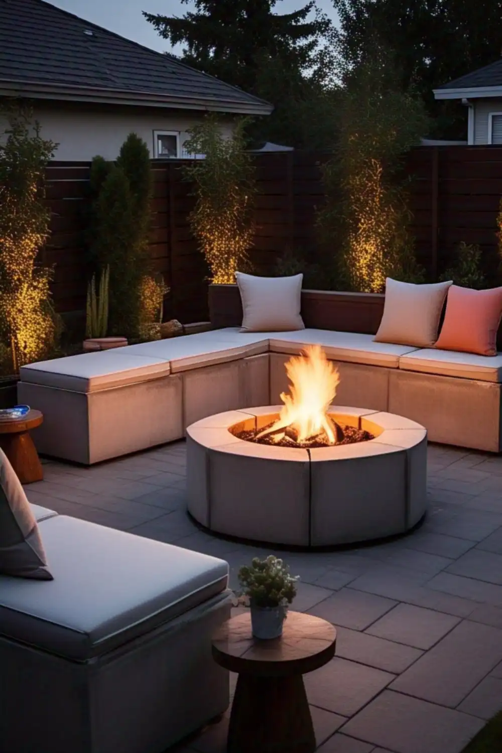 Cozy patio with fire pit and seating area.