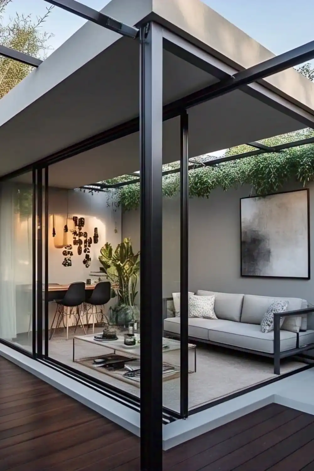 Modern glass house with cozy interior and greenery