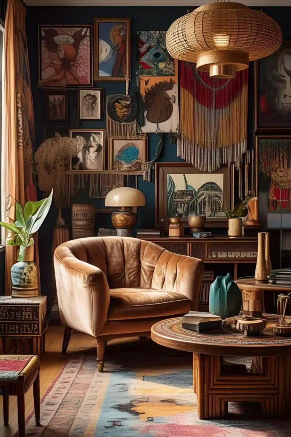 Cozy retro living room with art and decor