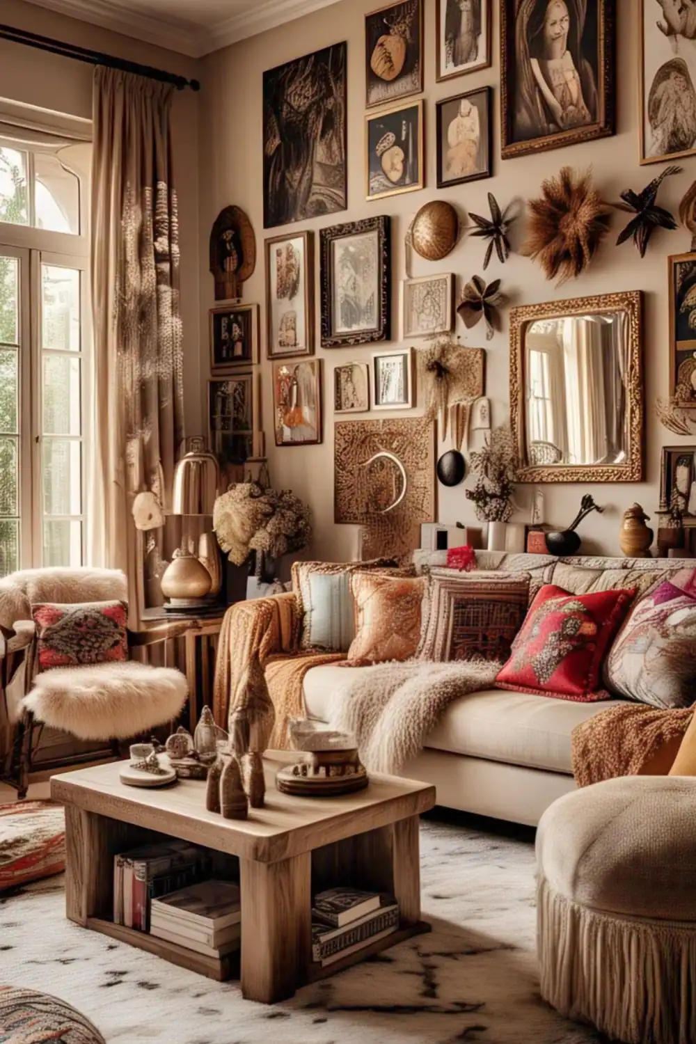 Cozy living room with eclectic decor and art.