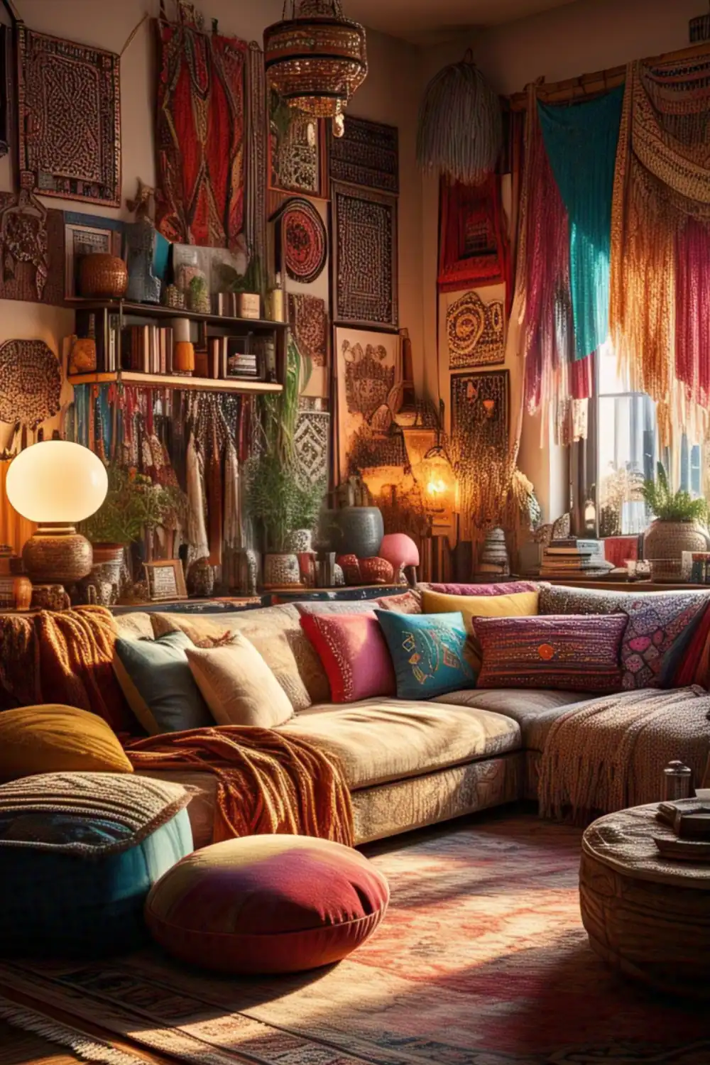 Cozy bohemian living room with colorful decor.