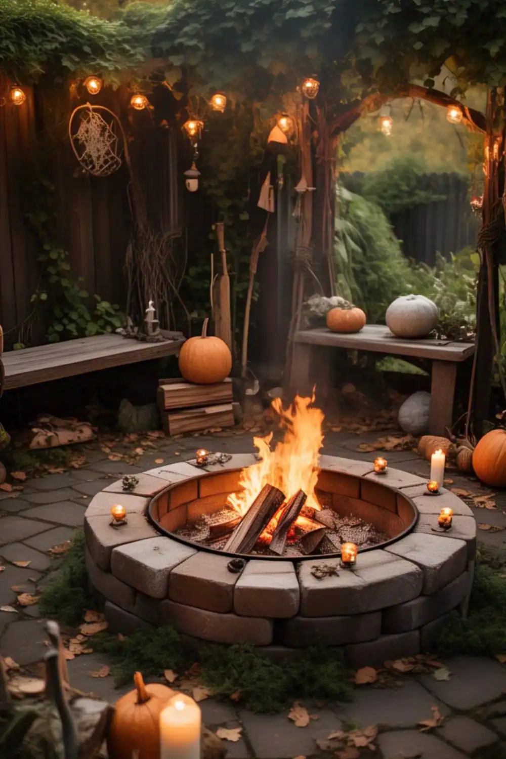 Cozy autumn patio with fire pit and pumpkins.