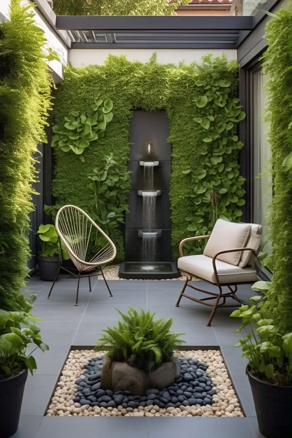 Lush patio with vertical garden and water feature.