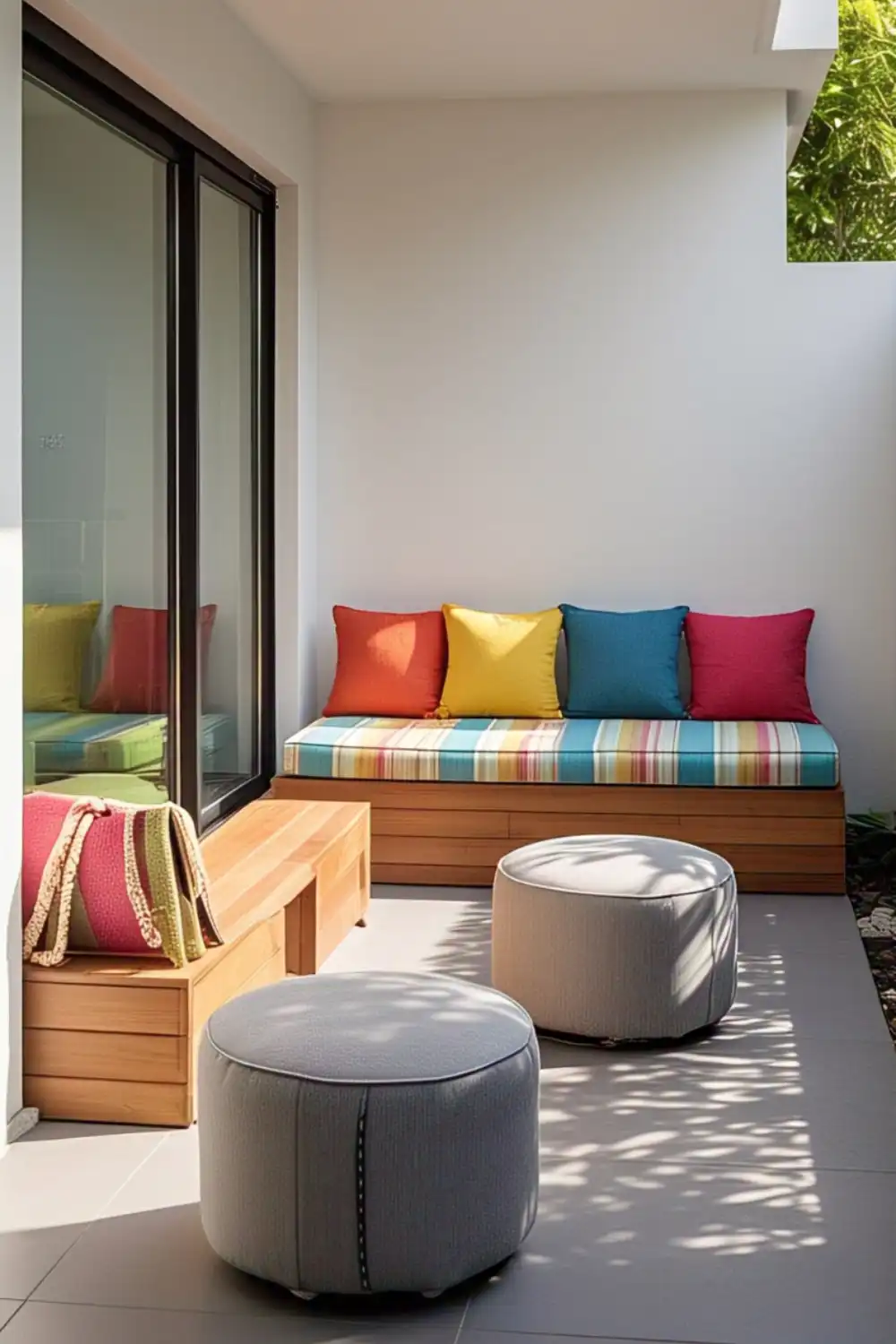 Colorful patio seating with cushions and ottomans.
