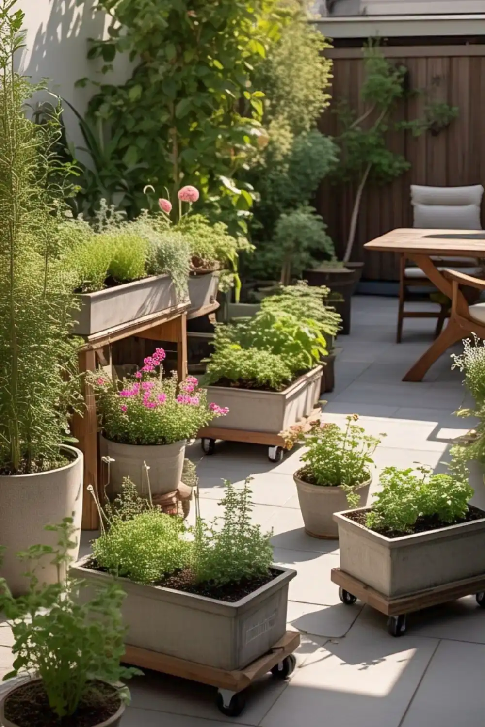 Urban patio garden with potted plants and flowers.