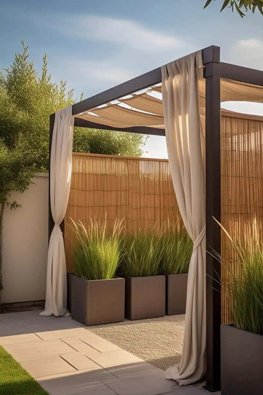 Outdoor pergola with curtains and planters