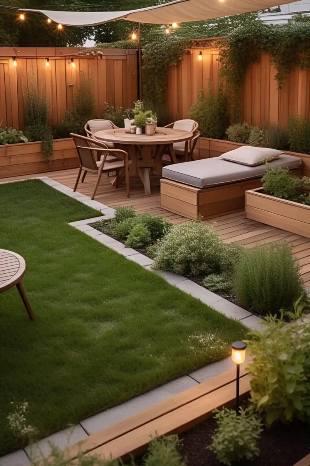 Cozy backyard patio with wooden furniture and greenery.