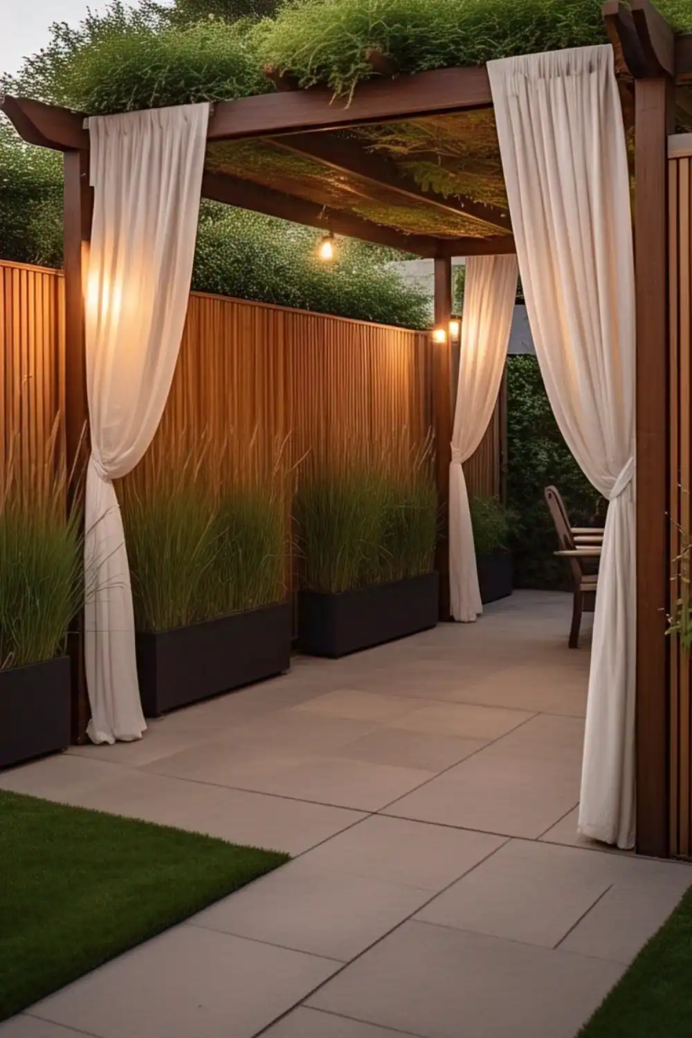 Elegant outdoor patio with wooden pergola and curtains.
