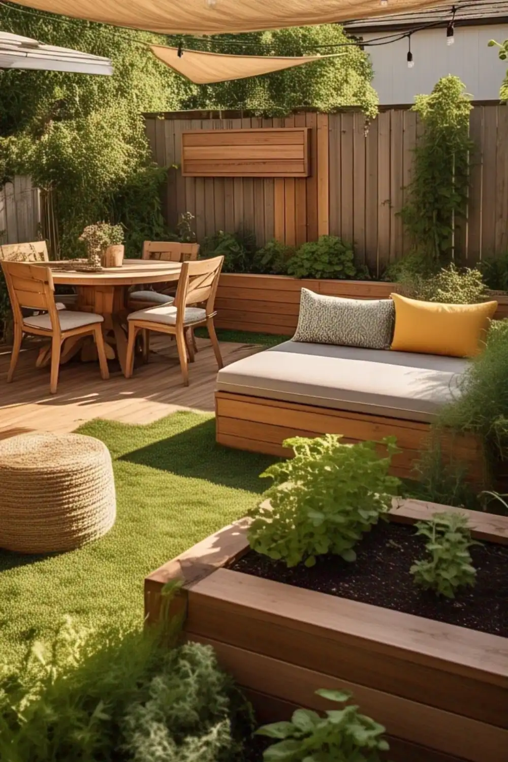 Cozy backyard with wooden furniture and plants.