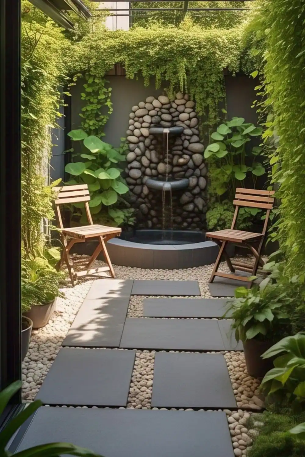 Tranquil garden patio with fountain and chairs
