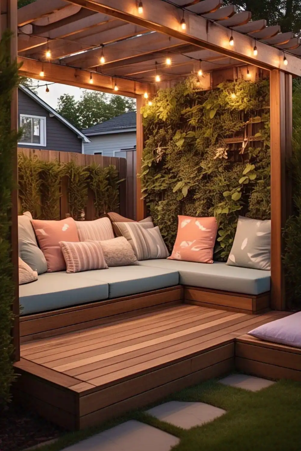 Cozy outdoor patio with lights and cushions