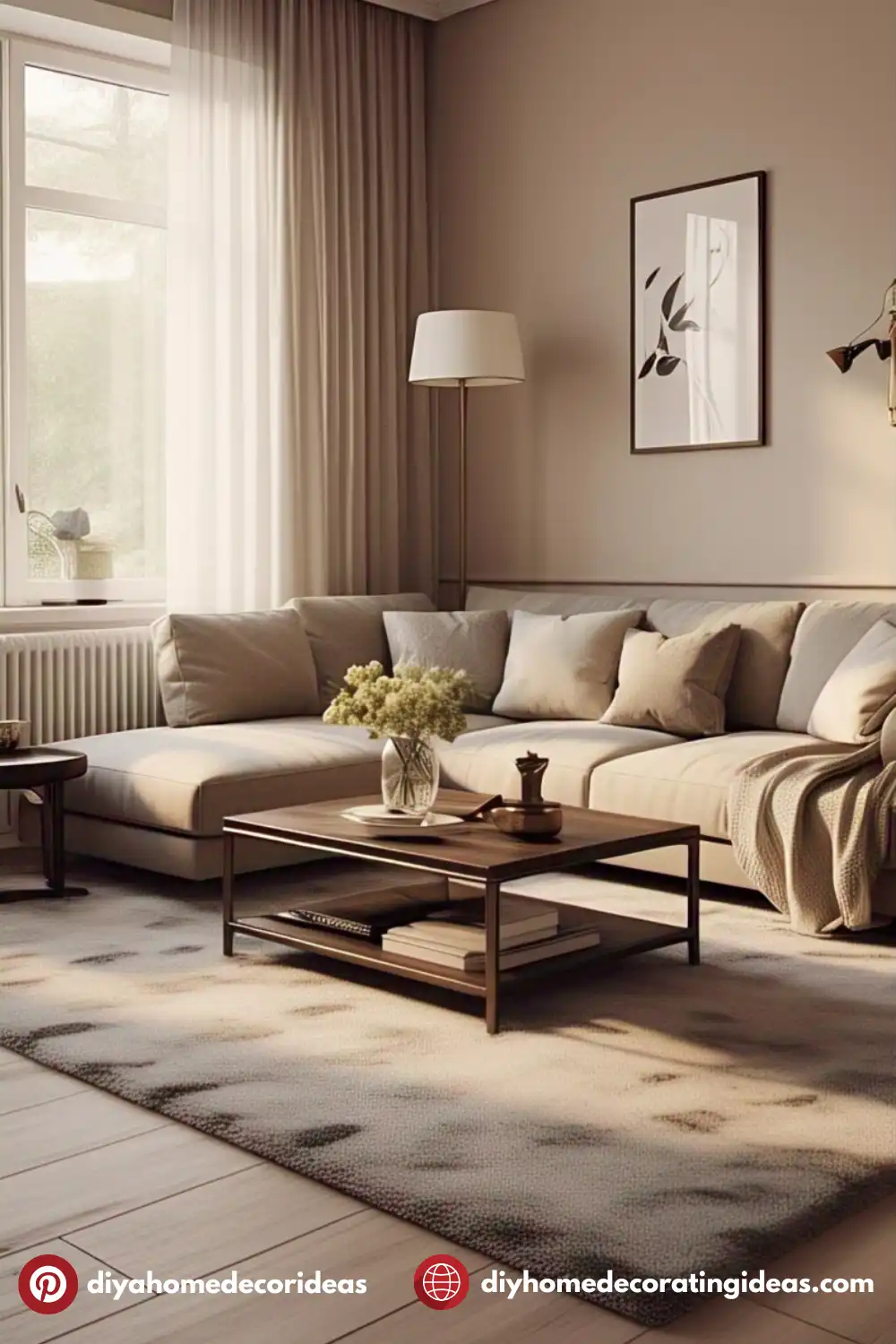 Modern living room with beige sectional sofa.
