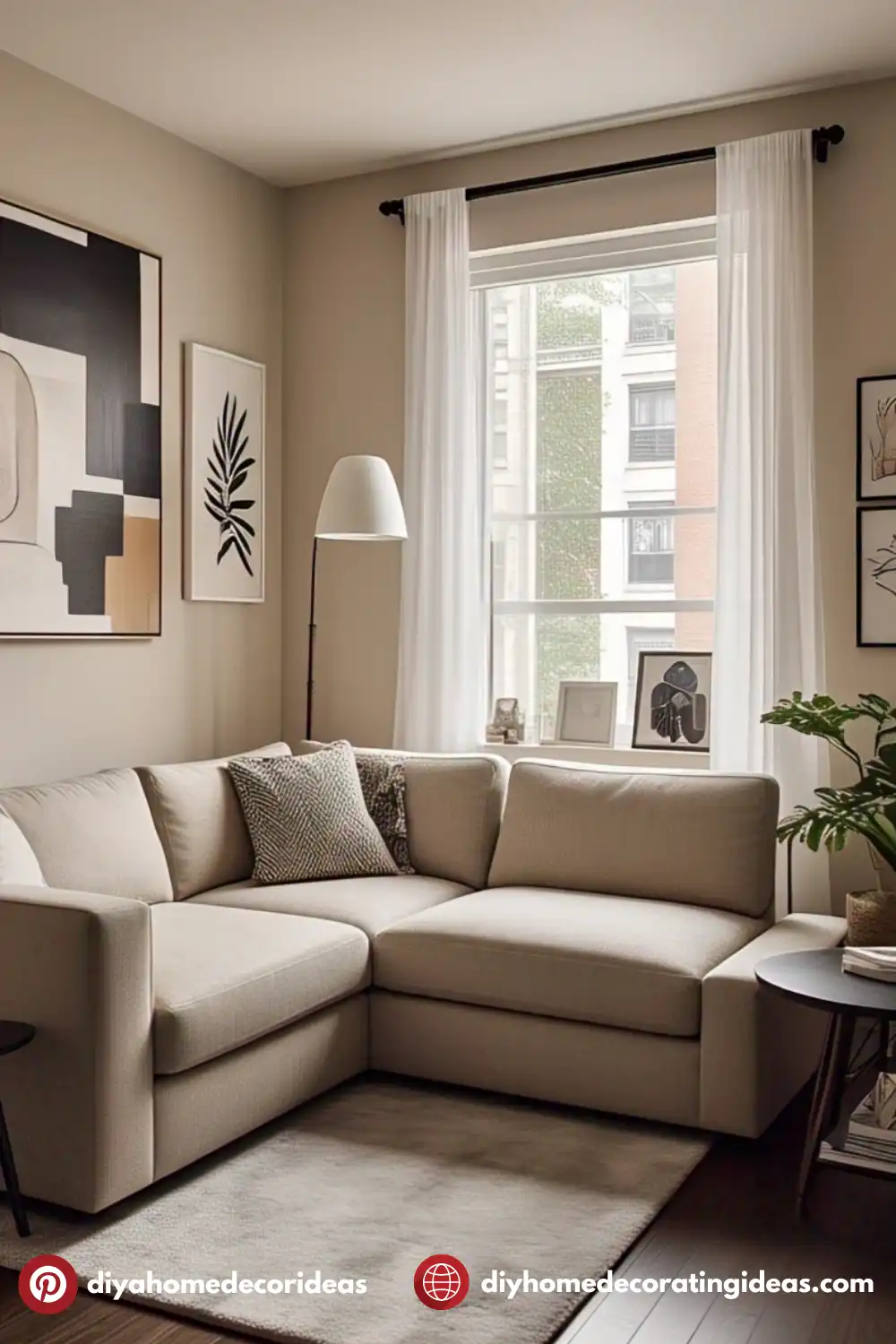Cozy living room with modern decor and beige sofa.