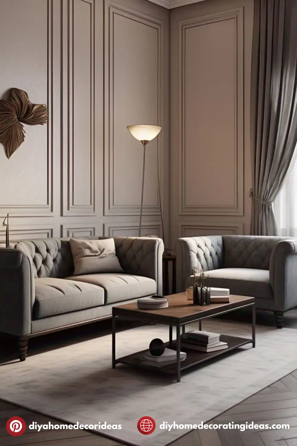 Modern living room with gray sofas and floor lamp.