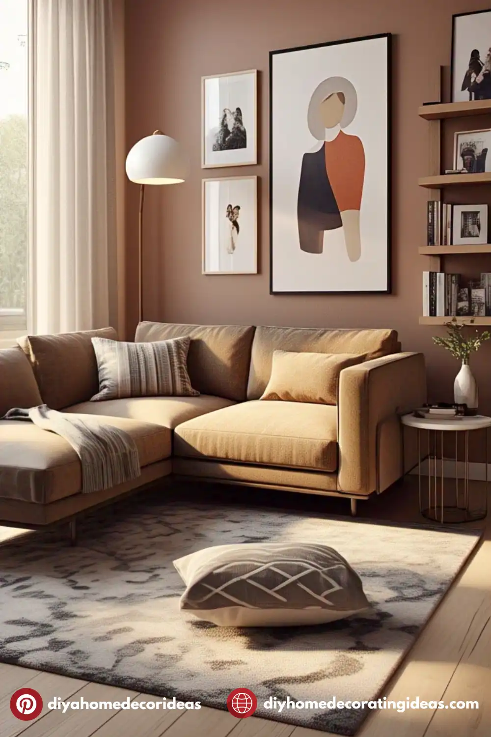 Cozy living room with beige sectional sofa.