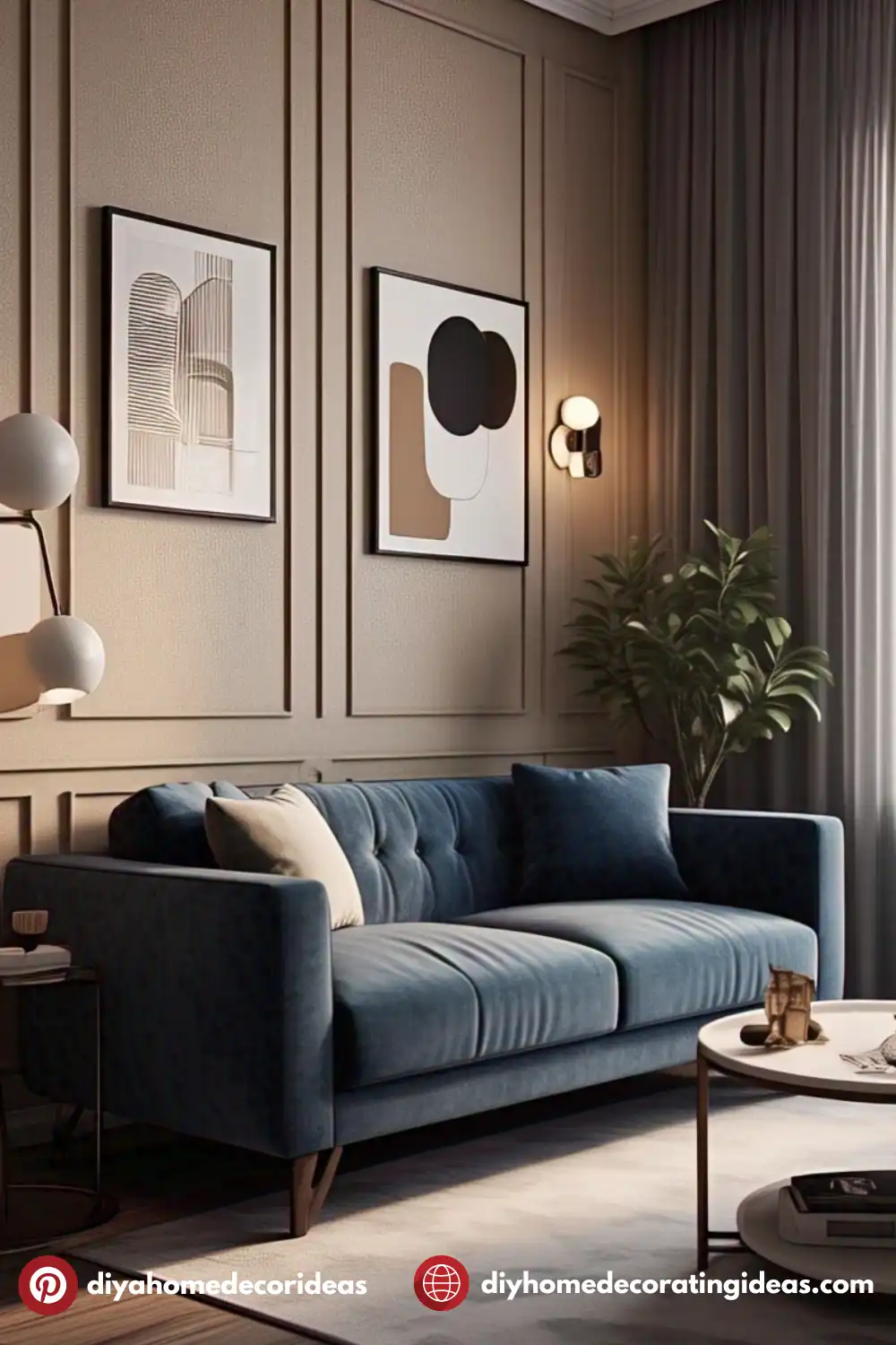 Elegant living room with blue sofa and decor