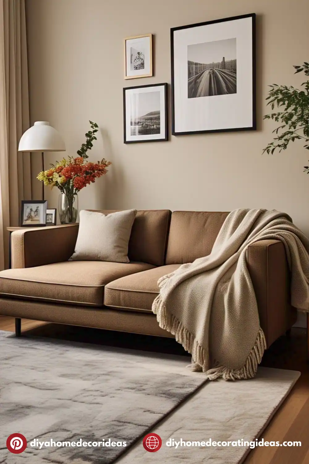 Cozy living room with sofa and artwork.