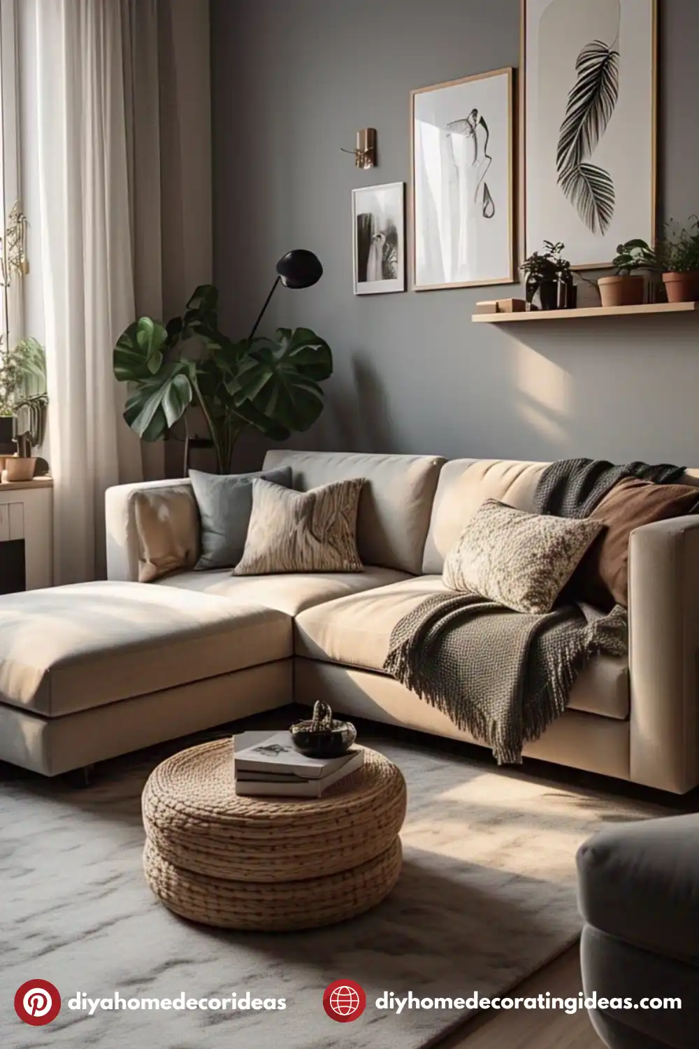 Cozy living room with sofa and plants.
