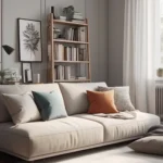 Cozy living room with sofa and bookshelves.