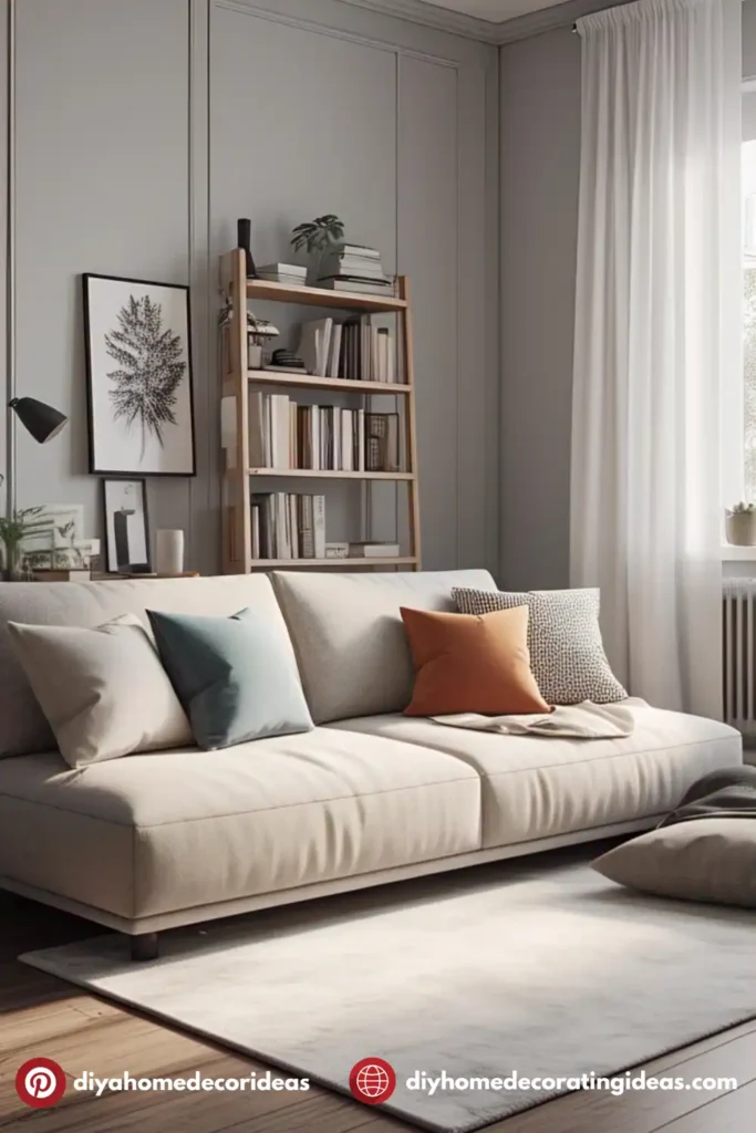 Cozy living room with sofa and bookshelves.