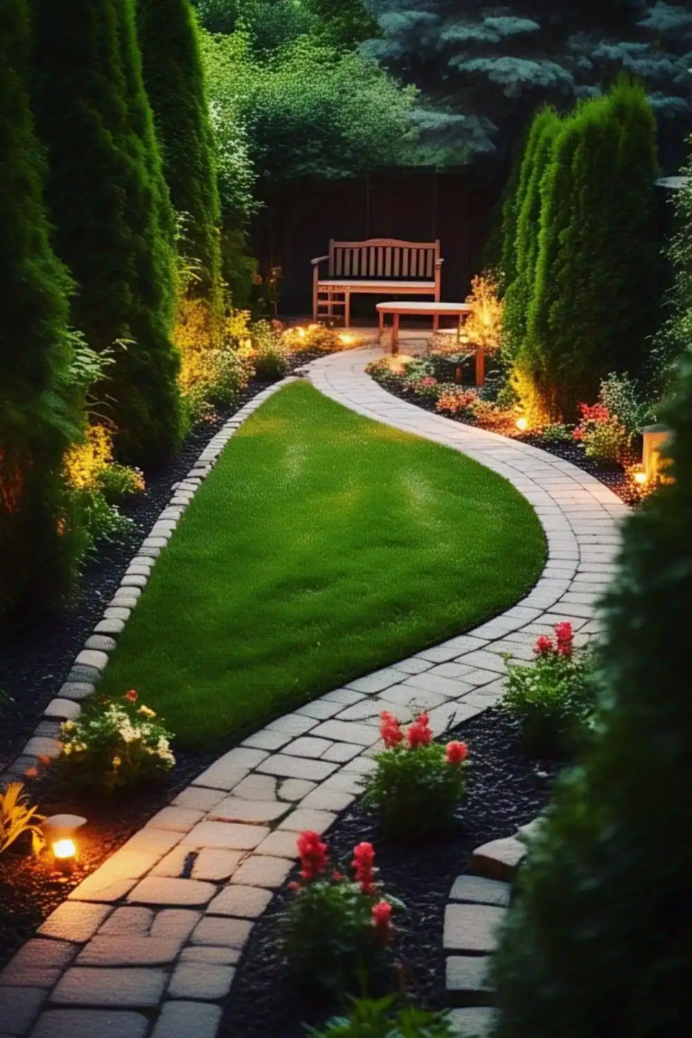 Serene garden path with bench and lighting