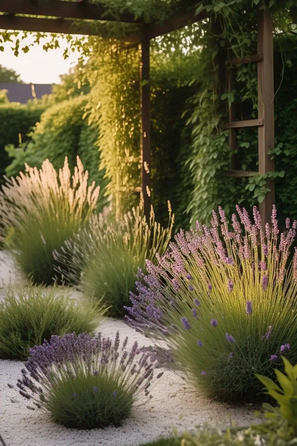 Lavender plants in a garden during sunset.