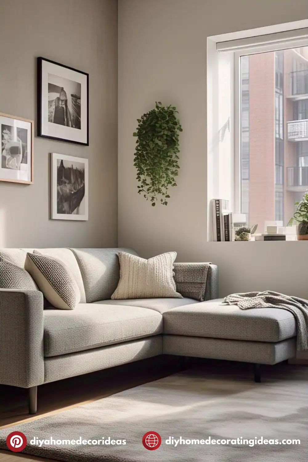 Cozy living room with gray sectional sofa.