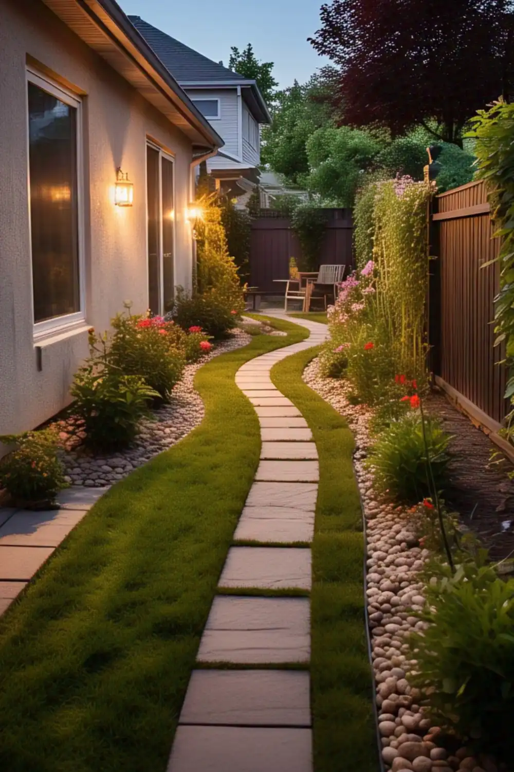 Illuminated garden path with stones and flowers